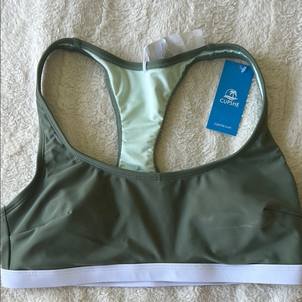 Cupshe Green and White Racerback Bikini Top